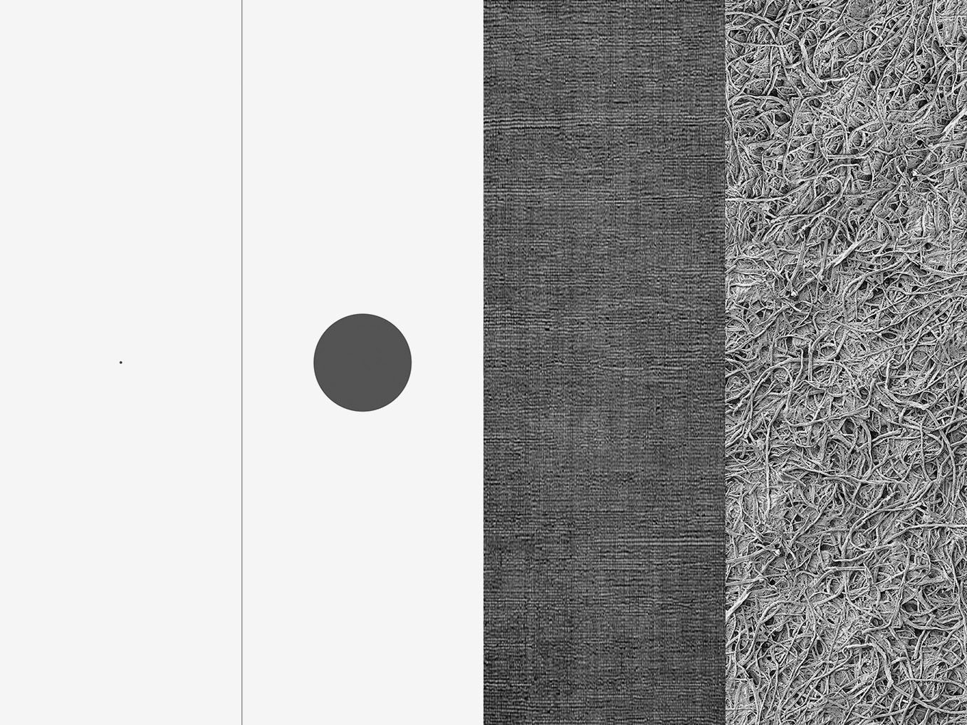 A set of four magnifications, each in a column, from left to right: a tiny spot on a white field; a larger circle of gray on a white field; a gray veil of woven cloth; a tangle of grayish fibrils.