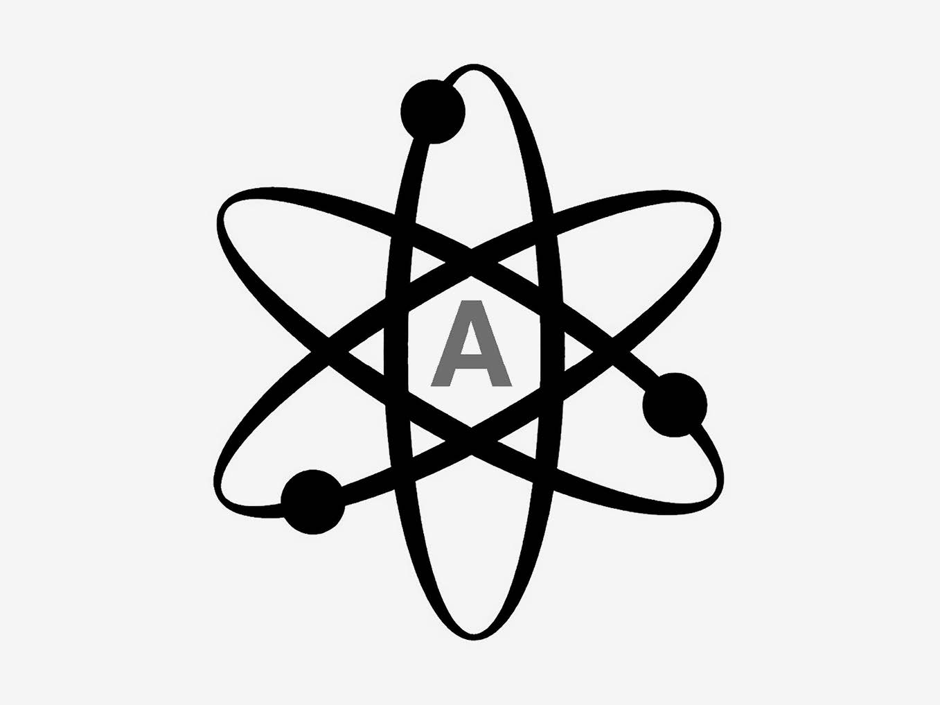 A classic diagram of an atom, showcasing three spherical electrons, each in an elliptical trajectory, orbiting a nucleus, represented by a capital ‘A,’ typeset in a sans-serif font.