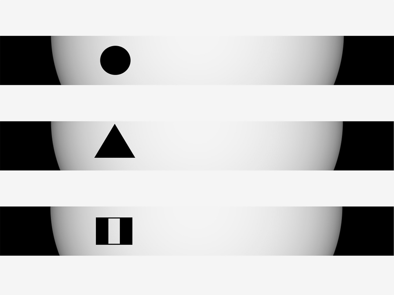 A diagram consisting of three rows of images, each showing the silhouette of a large, black shape in transit across the surface of a star: a black circle; a black triangle; and a black louvre.