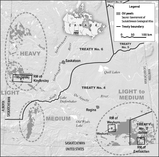 A map of the Saskatchewan Province shows the oil pools, treaty boundaries and study areas.