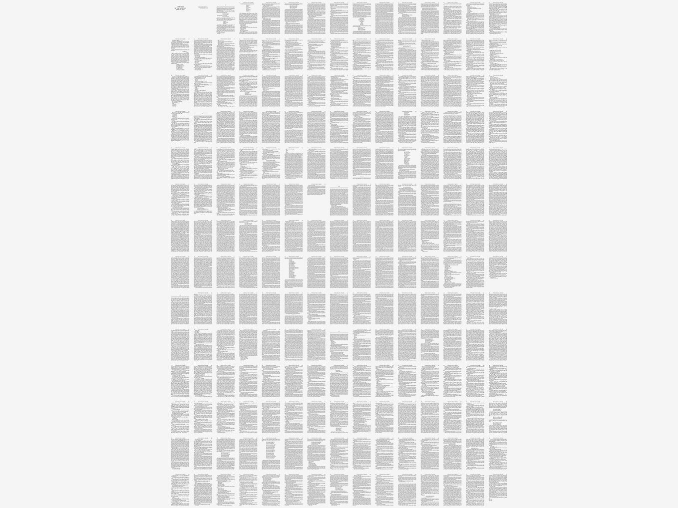An image showing all 210 pages from A Portrait of the Artist as a Young Man (presented in a grid of 14 pages by 15 pages), as if the perspective has zoomed out from the prior image.