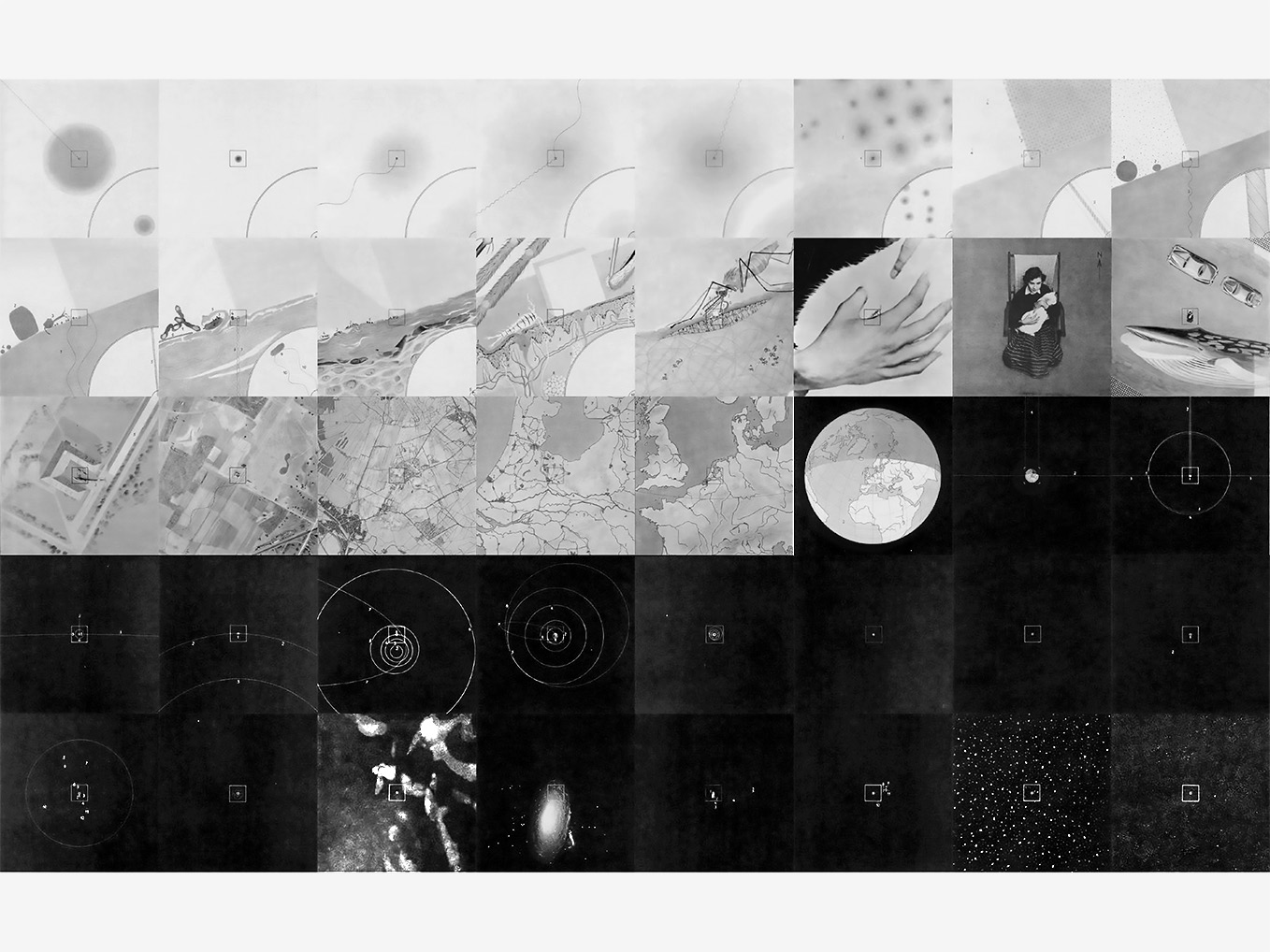 A series of 40 monochrome drawings, showing a set of magnifications in five rows of eight images, centred on the portrait of a girl in an armchair, zooming out from a proton to a galaxy.