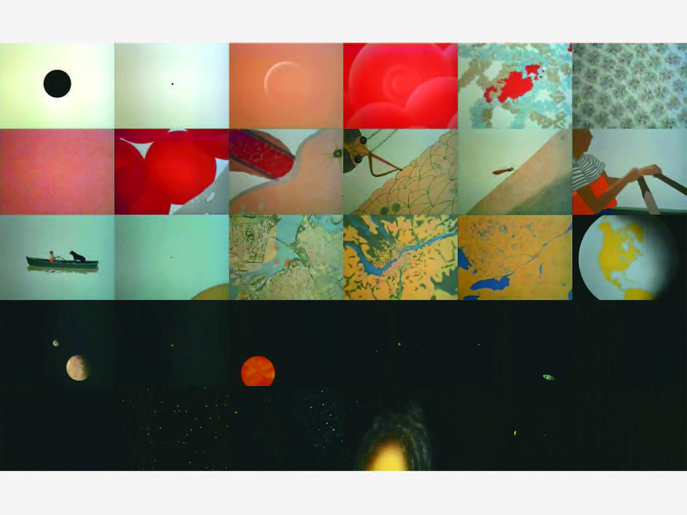 A series of 30 colourful drawings, showing a set of magnifications in five rows of six images, all centred on the portrait of a boy in a rowboat, zooming out from a proton to a galaxy.