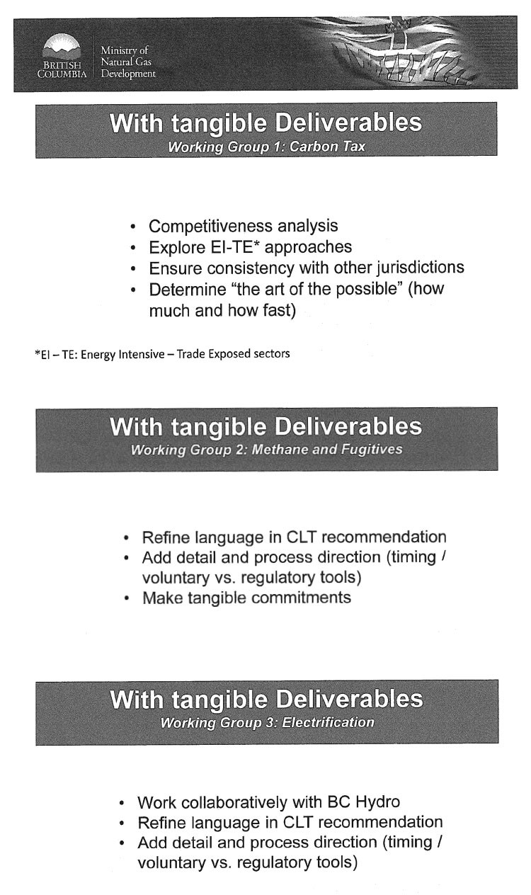 A screenshot lists the two working groups with tangible deliverables.