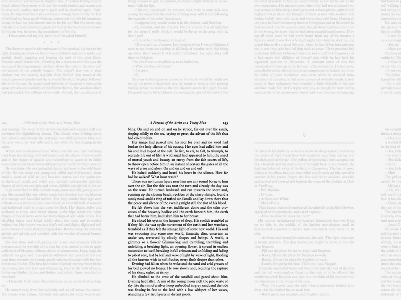 An image of page 145 from A Portrait of the Artist as a Young Man, highlighted in black, as if the perspective has zoomed out from the prior image, to show one of many pages in this book.