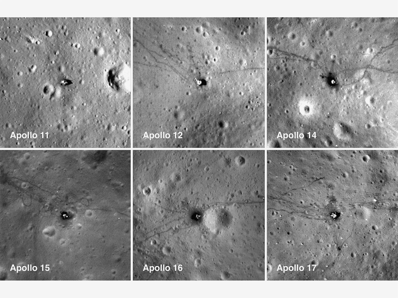 A series of six monochome photographs of lunar vistas taken from an orbital vantage, each showing the landing site for one of the six Apollo missions to the Moon.