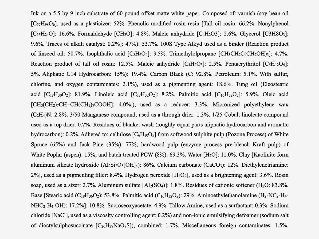 A list of constituent ingredients used in the publication of the list itself, itemizing, at length, the series of chemical elements within the inked paper, complete with all their chemical formulae.