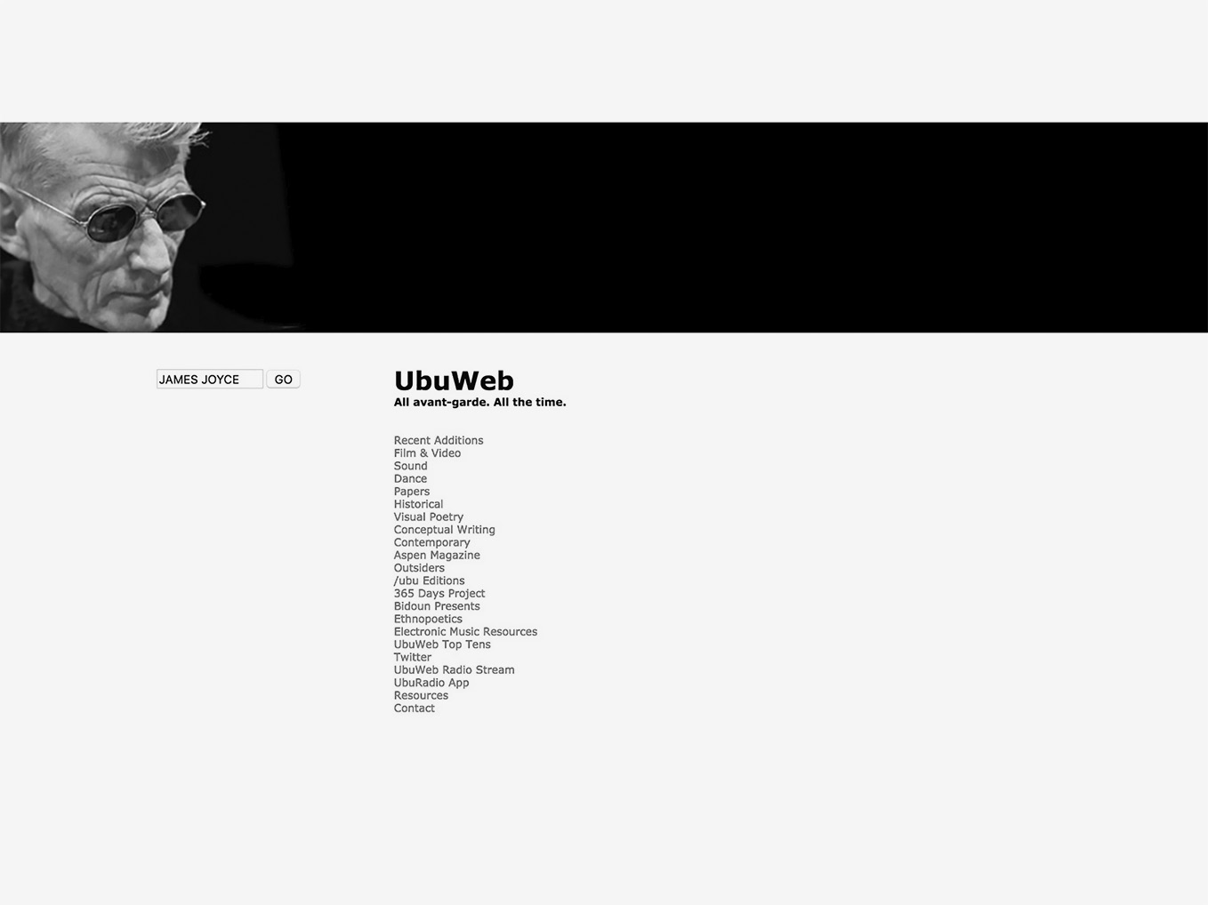 A webpage from the website called UbuWeb, showing a banner, with the portrait of Samuel Beckett, gazing on a directory, with a search window, containing the name ‘James Joyce.’