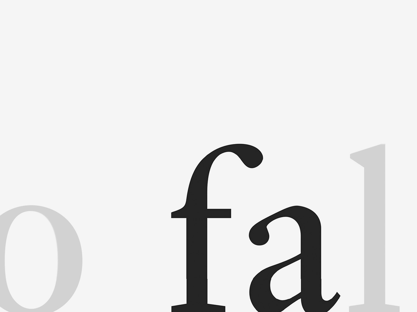 A white field, with the black parts of the letters ‘fa,’ sitting on the bottom perimeter, as if the perspective has zoomed out from the prior image, to reveal the tiny part of a word.