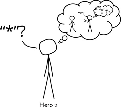 Figure 11. One stick figure named Hero 2, who thinks about the exchange with Hero 1.