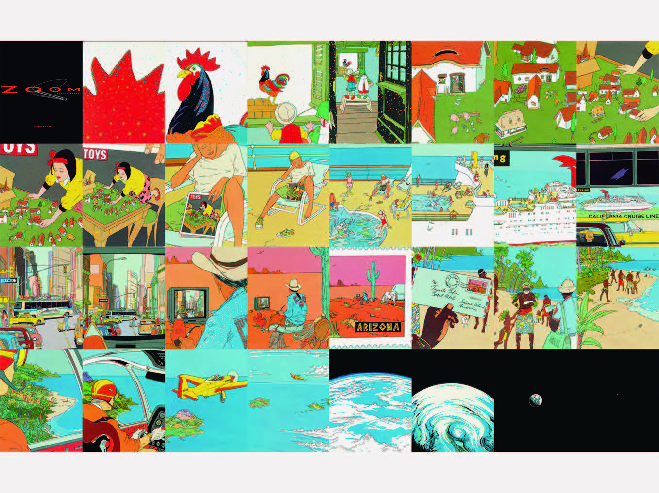 A series of 32 colourful drawings, showing a set of magnifications in four rows of eight images, each nested within the last, zooming out from a toyish farm, to a cruise ship, to a tribal isle, ending with the Earth, receding into space.