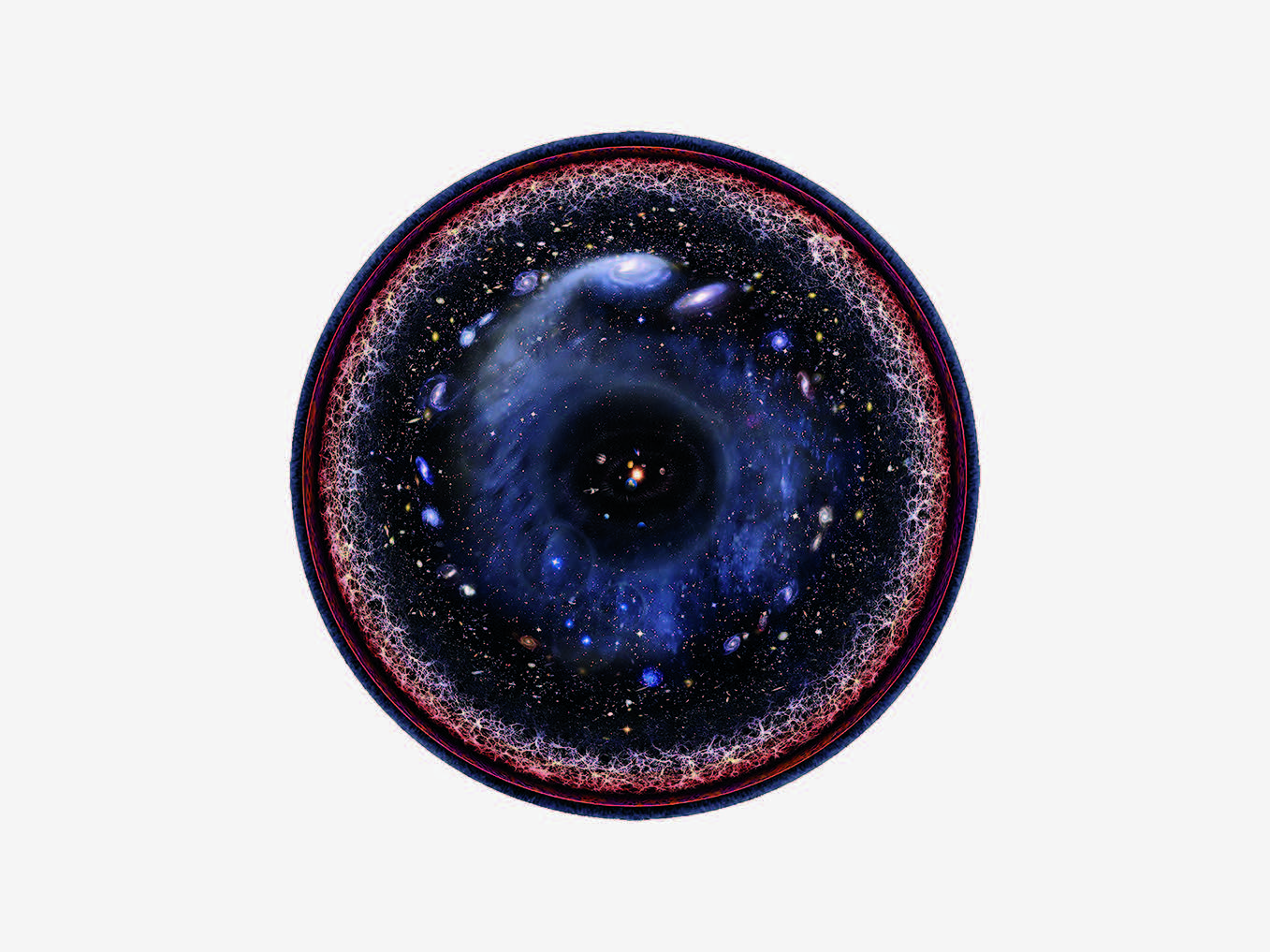 A lens that depicts a small image of the Solar System at its centre, surrounded by a ring of stars in the Milky Way, with more galaxies around this ring, followed by superclusters at the rim.