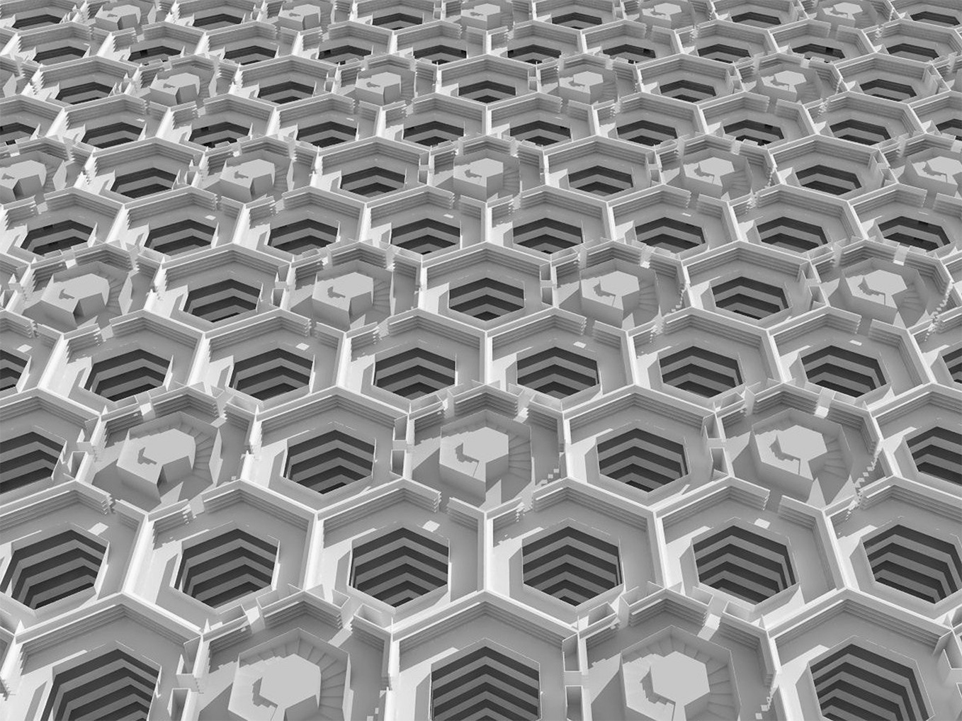An isometric floorplan of the Library of Babel, showing a honeycomb of hexagonal tenements, appearing to extend infinitely across the plane from the foreground to the background.